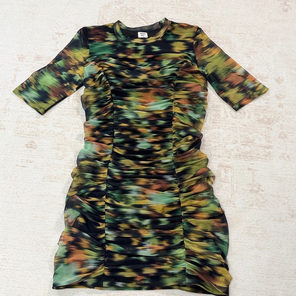 Sunday Best Aritzia Green Abstract Ruched Mesh Bodycon Mini Dress Size S